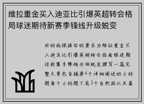 维拉重金买入迪亚比引爆英超转会格局球迷期待新赛季锋线升级蜕变 维拉重金买入迪亚比引爆英超转会格局球迷期待新赛季锋线升级蜕变